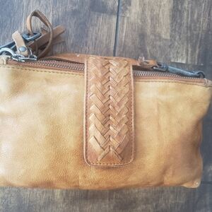 Woven Strap Tan Leather Crossbody Clutch Latico